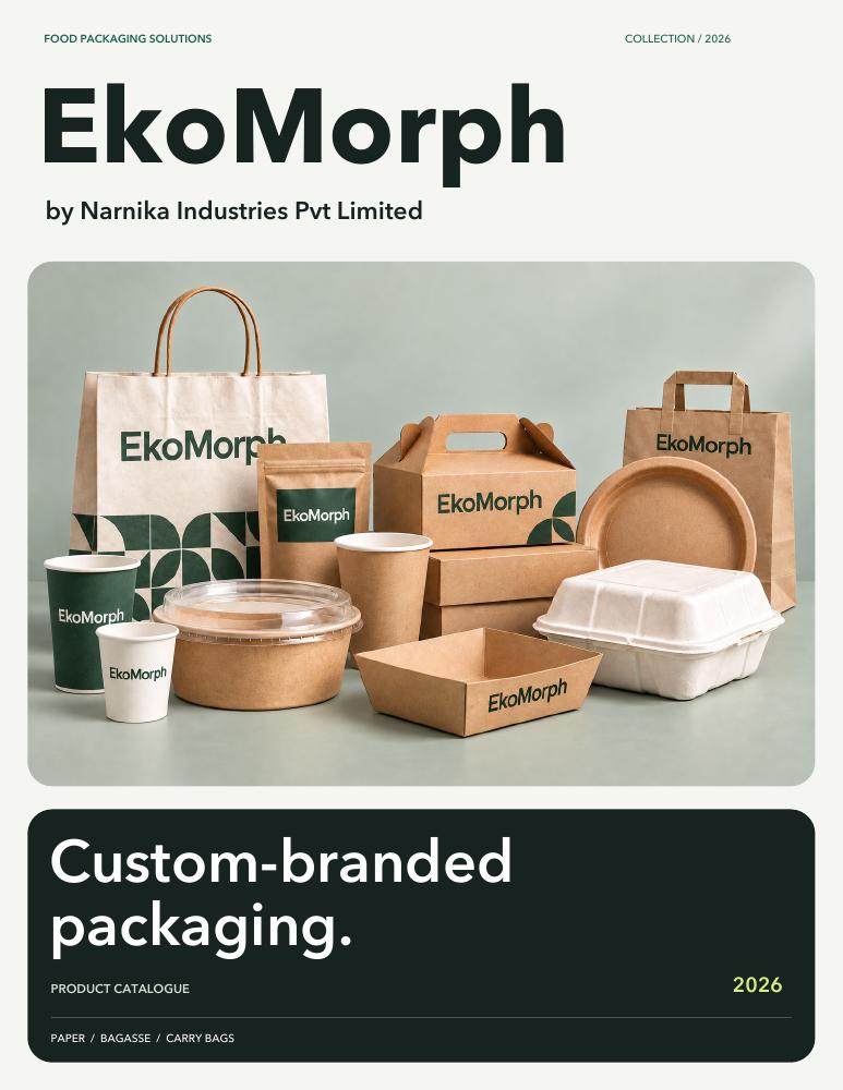 Cover of EkoMorph Product Catalogue 2026, featuring custom-branded packaging