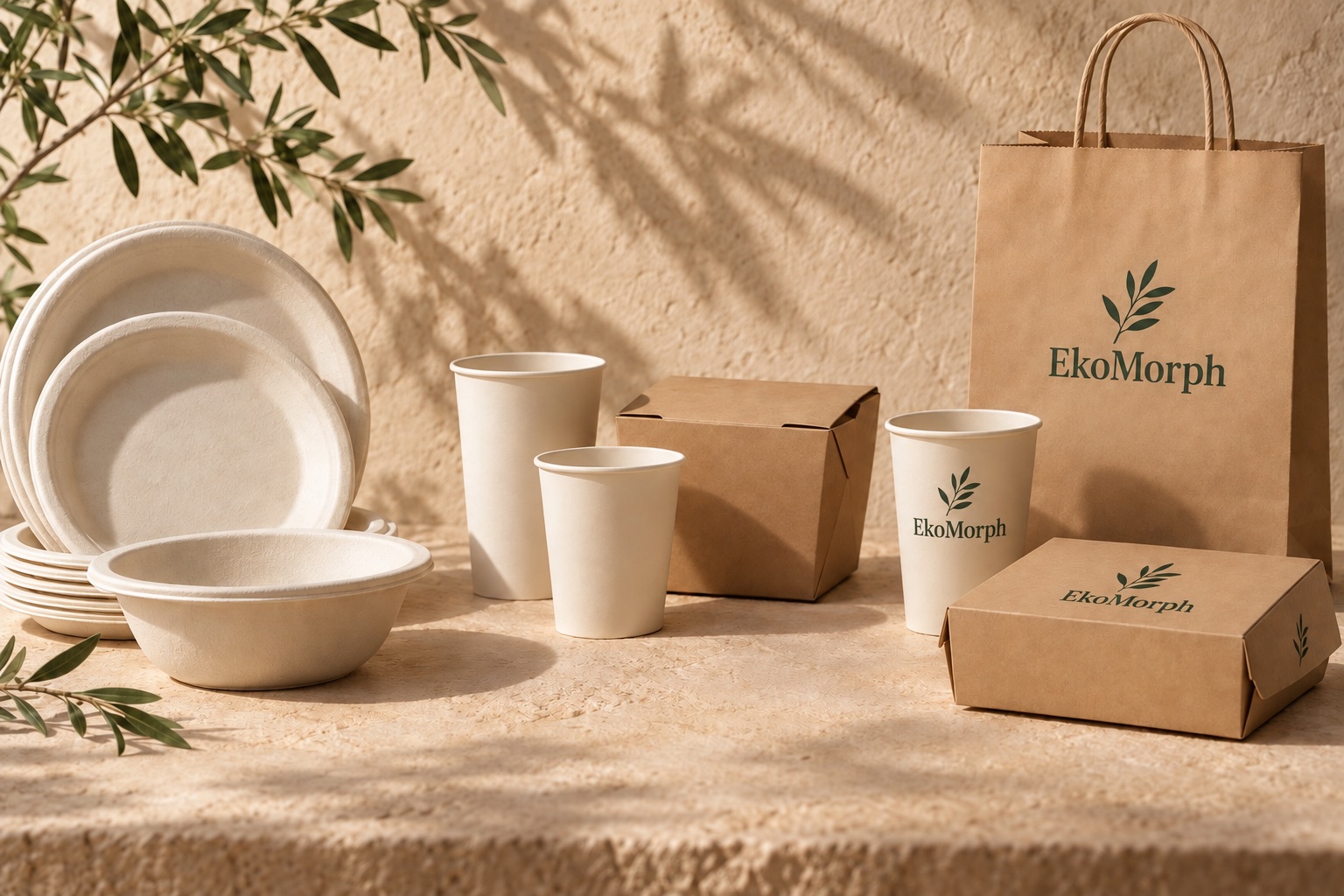 Concept arrangement of bagasse plates and bowls, plain paper cups, and custom-printed paper packaging